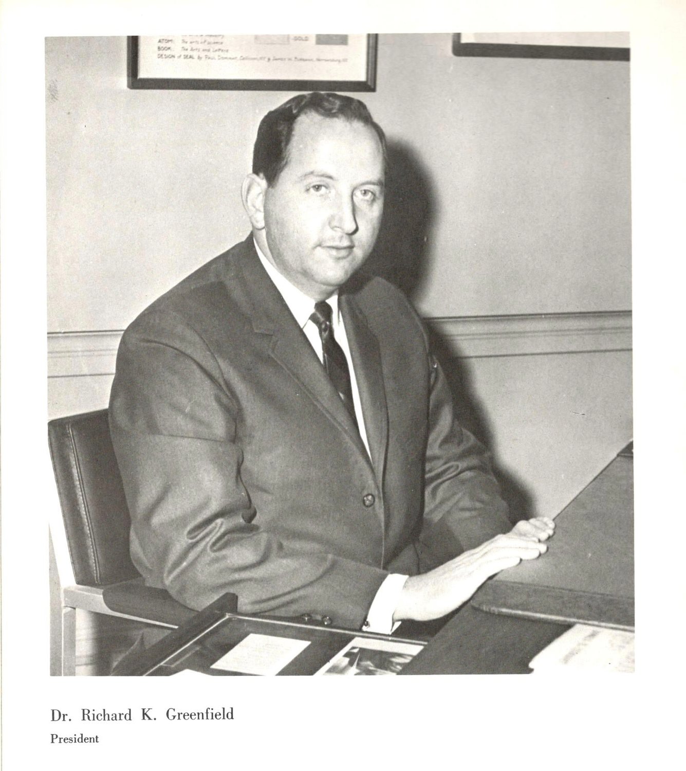 In a photo from the Sullivan County Community College 1966 Gemini yearbook is founding president Dr. Richard Greenfield. He passed away on August 7 in Boulder, CO.